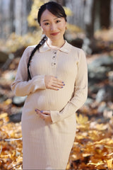 Beige Ribbed Knit Collared Long Sleeve Maternity Midi Dress