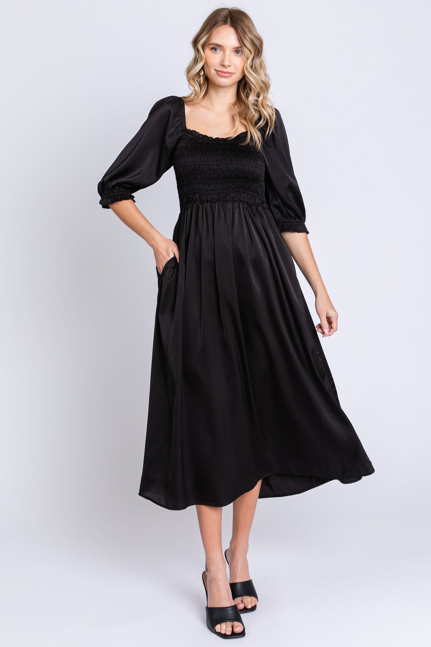Black Satin Smocked Maternity Midi Dress PinkBlush Black Satin Smocked Maternity Midi Dress PinkBlush