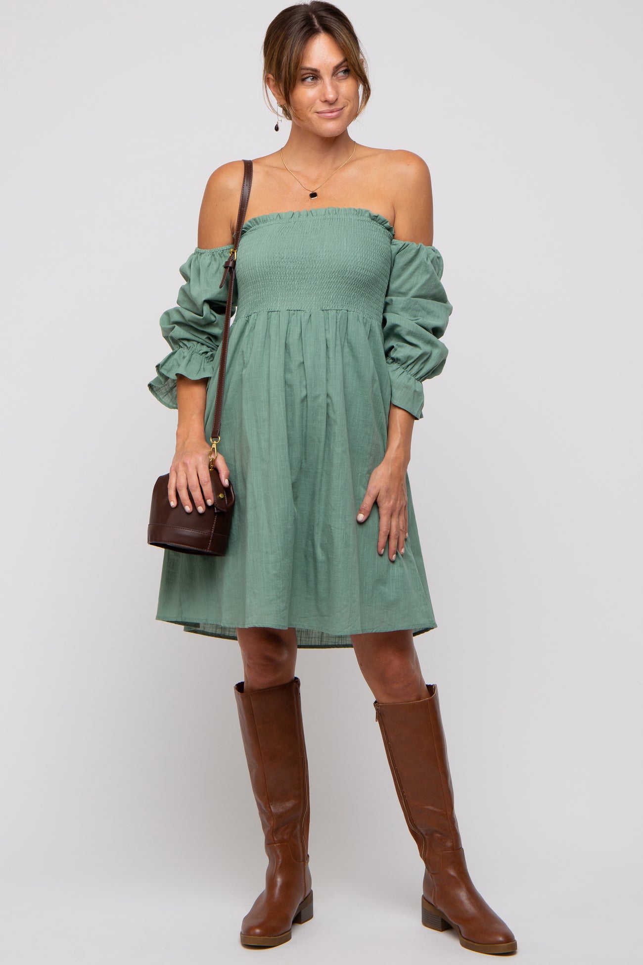 Green Smocked Off Shoulder Long Sleeve Maternity Dress Green Smocked Off Shoulder Long Sleeve Maternity Dress