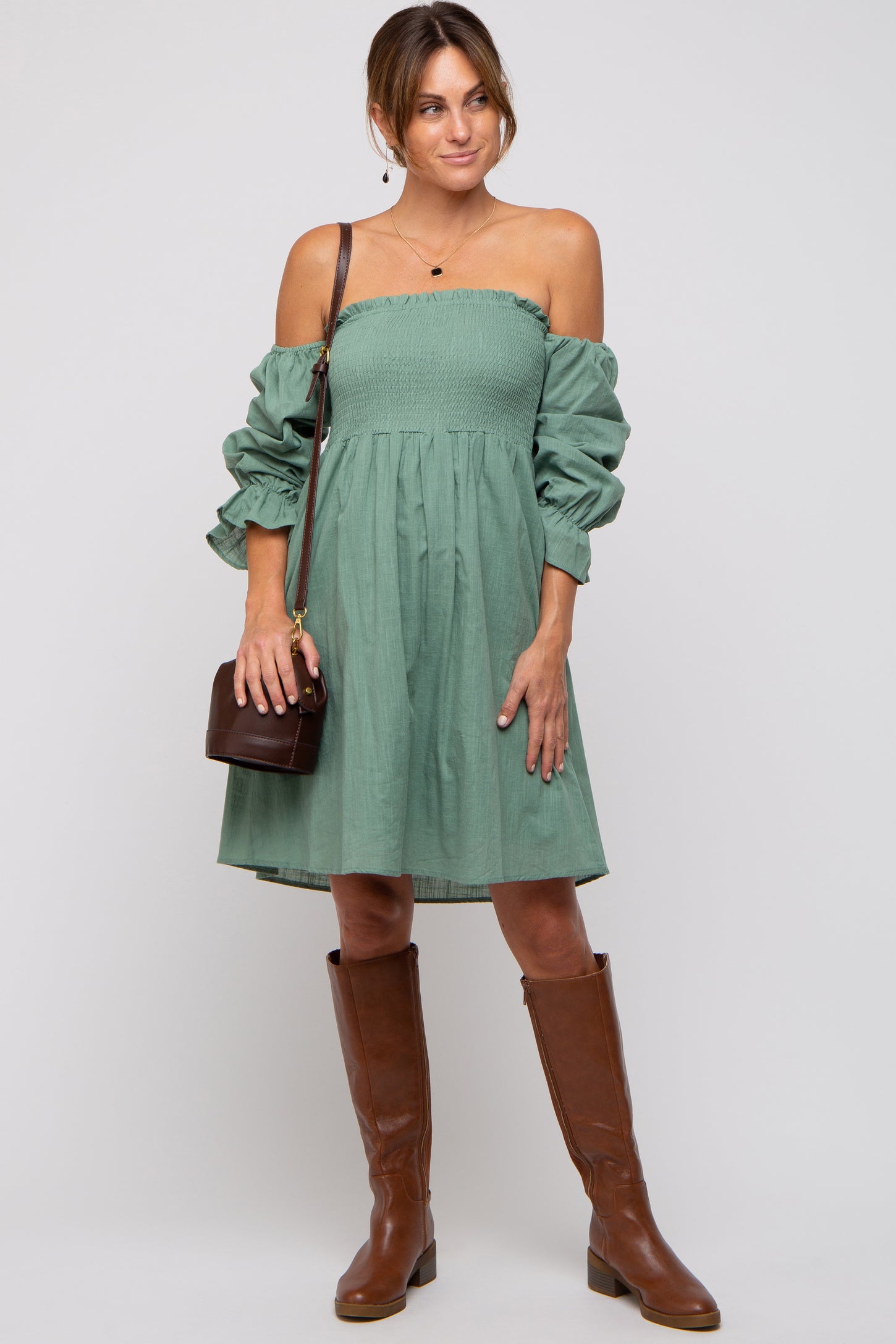 Green Smocked Off Shoulder Long Sleeve Maternity Dress Green Smocked Off Shoulder Long Sleeve Maternity Dress