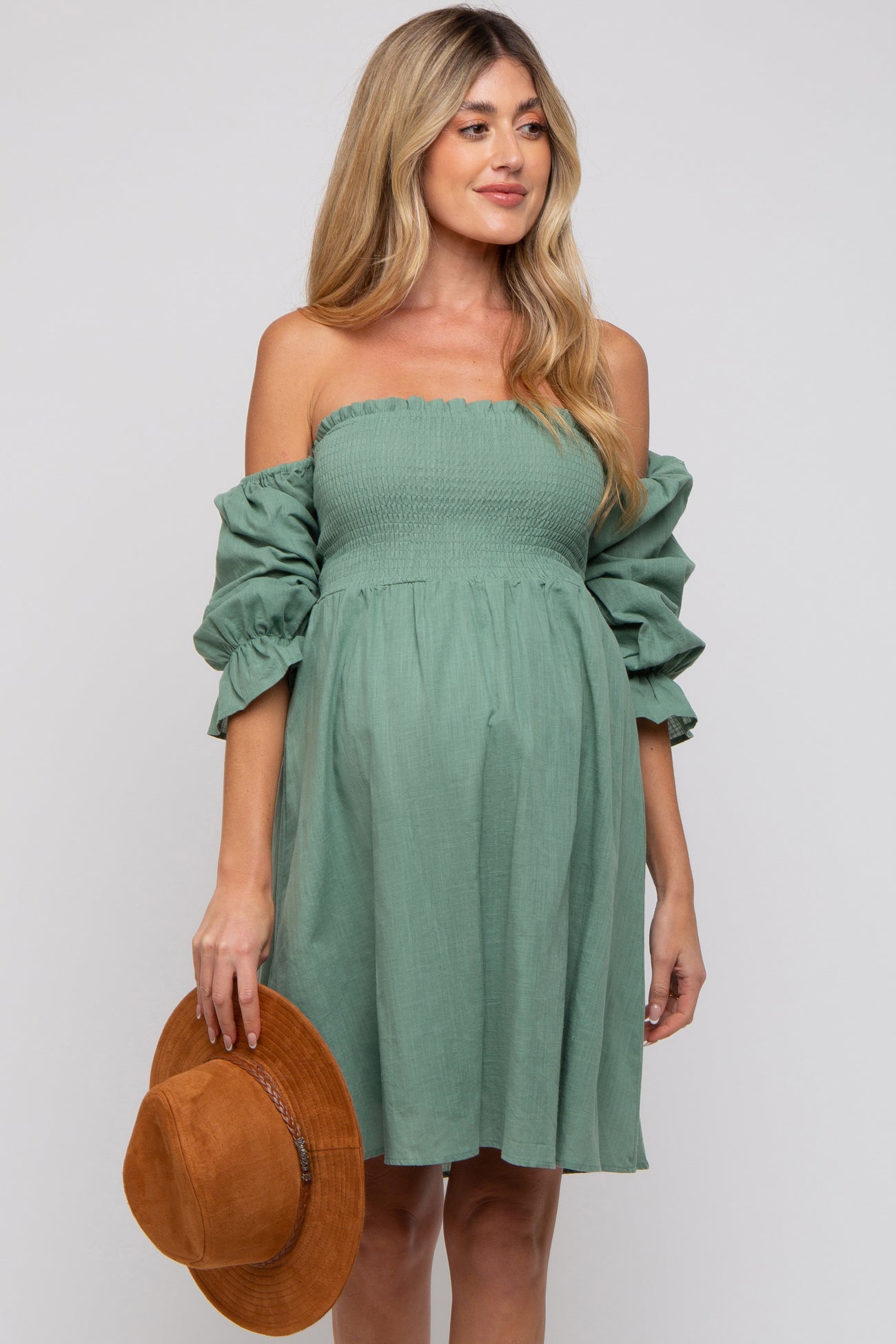 Green Smocked Off Shoulder Long Sleeve Maternity Dress Green Smocked Off Shoulder Long Sleeve Maternity Dress