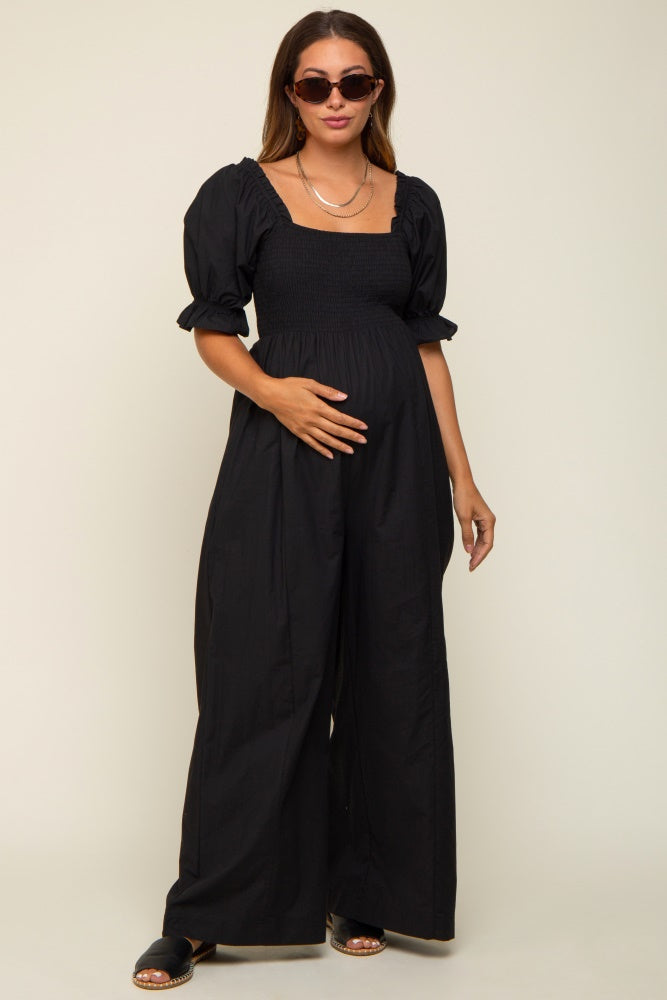 Black Smocked Square Neck Wide Leg Maternity Jumpsuit