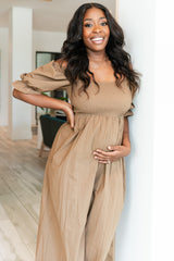 Brown Smocked Square Neck Wide Leg Maternity Jumpsuit