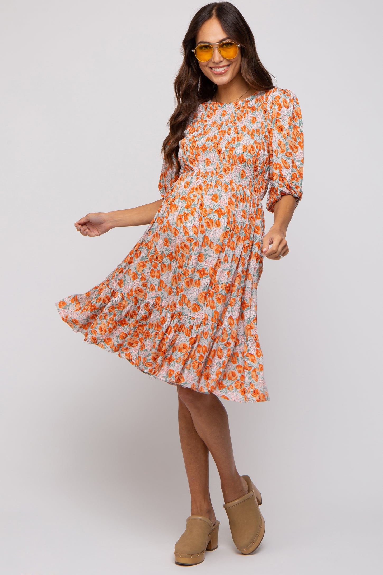 Taupe Floral Smocked Puff Sleeve Maternity Dress