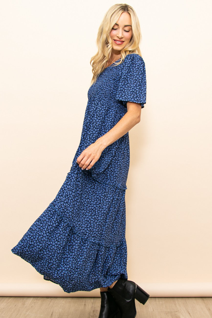 blue ditsy midi dress Blue Ditsy Floral Print Smocked Square Neck Ruffle Short Sleeve Dress HannaBanna Clothing