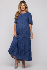Blue Ditsy Floral Smocked Ruffle Tiered Maternity Midi Dress