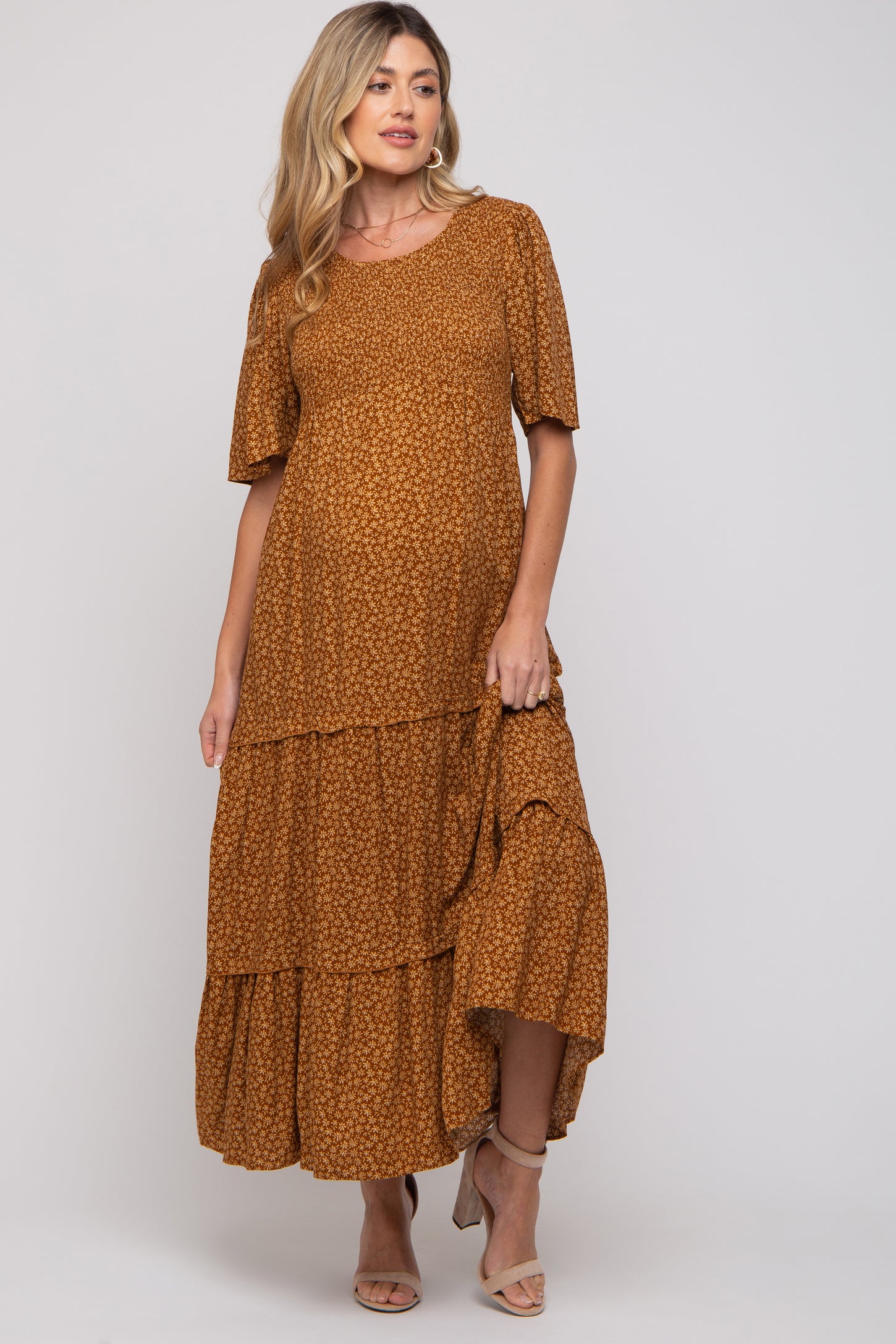 Camel Ditsy Floral Smocked Ruffle Tiered Maternity Midi Dress