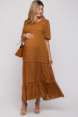 Camel Ditsy Floral Smocked Ruffle Tiered Maternity Midi Dress