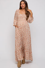 Cream Floral Square Neck Ruffle Maternity Maxi Dress