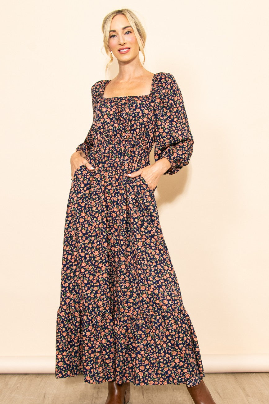 navy dress with pink flowers Navy Blue Floral Square Neck Ruffle Maxi Dress