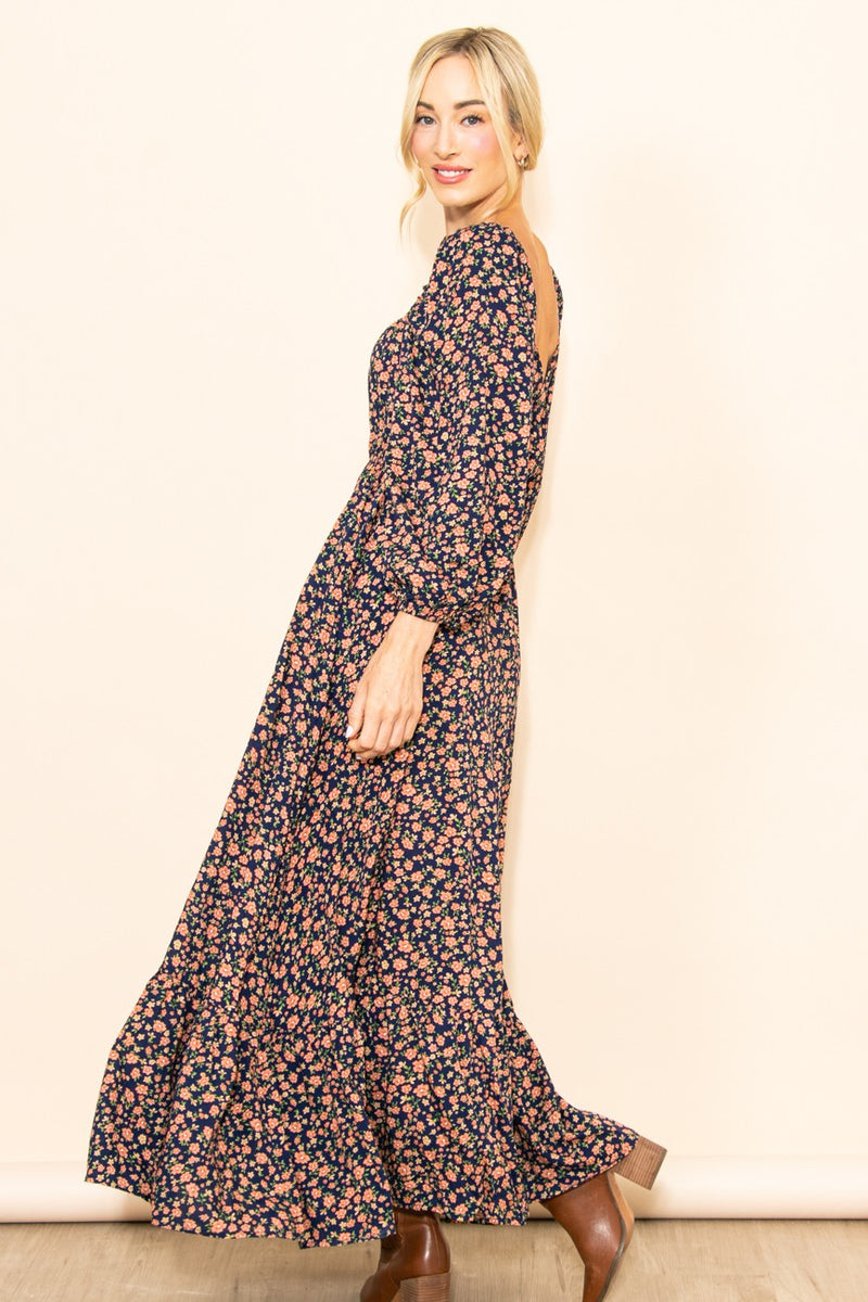 navy blue dress pink flowers Navy Blue Floral Square Neck Ruffle Maxi Dress