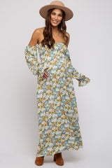 Teal Floral Print Off Shoulder Smocked Maternity Maxi Dress