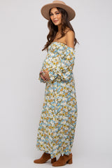 Teal Floral Print Off Shoulder Smocked Maternity Maxi Dress