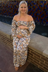 Taupe Floral Print Off Shoulder Smocked Maternity Maxi Dress
