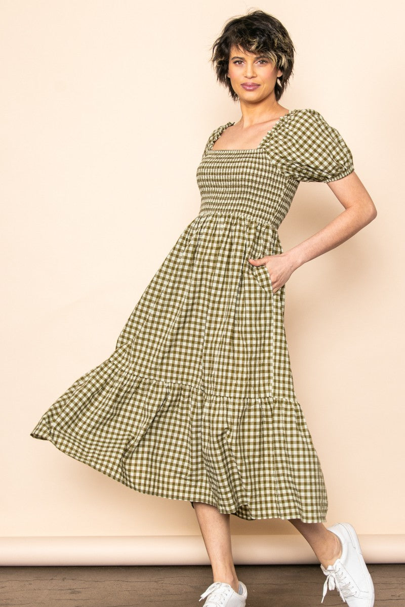 PinkBlush Olive Gingham Smocked Maternity Midi Dress