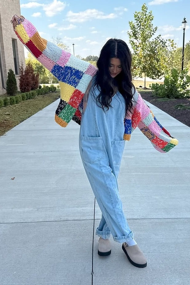 Multicolor Color Block Checkered Thick Knit Cardigan