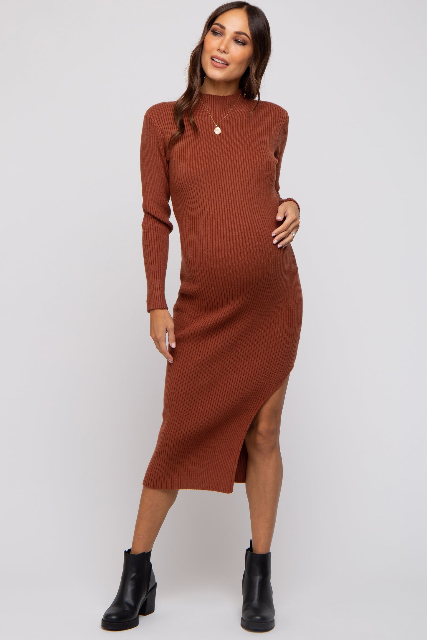 Brown Ribbed Mock Neck Side Slit Maternity Midi Dress PinkBlush Brown Ribbed Mock Neck Side Slit Maternity Midi Dress PinkBlush