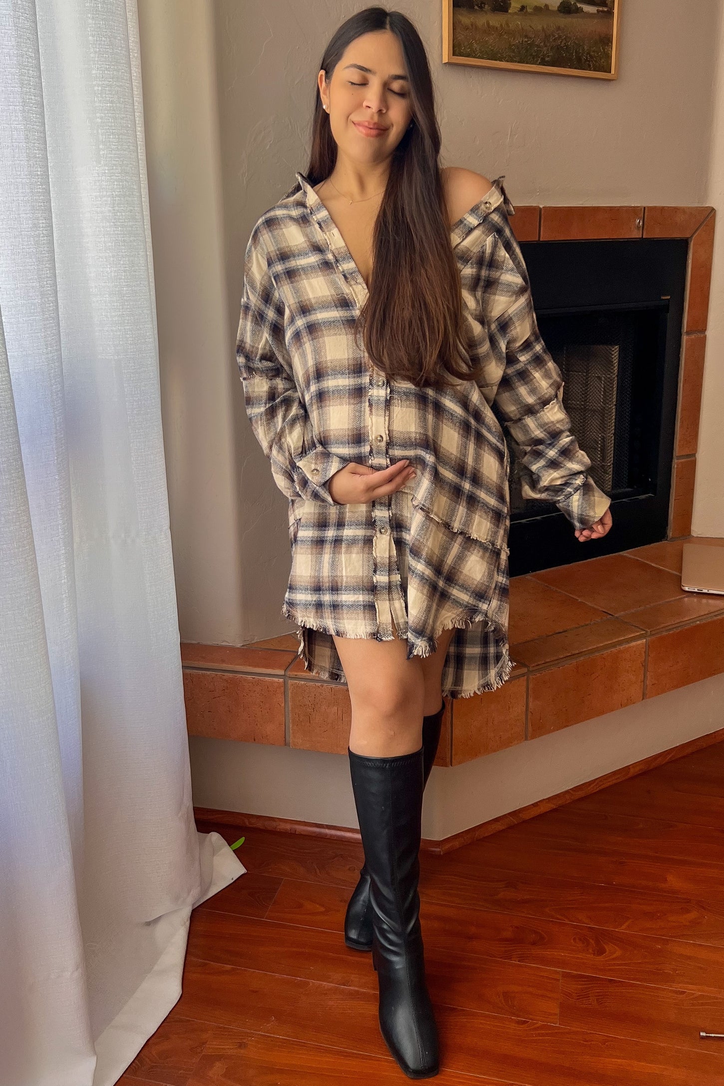 Taupe Plaid Button Down Raw Hem Maternity Dress