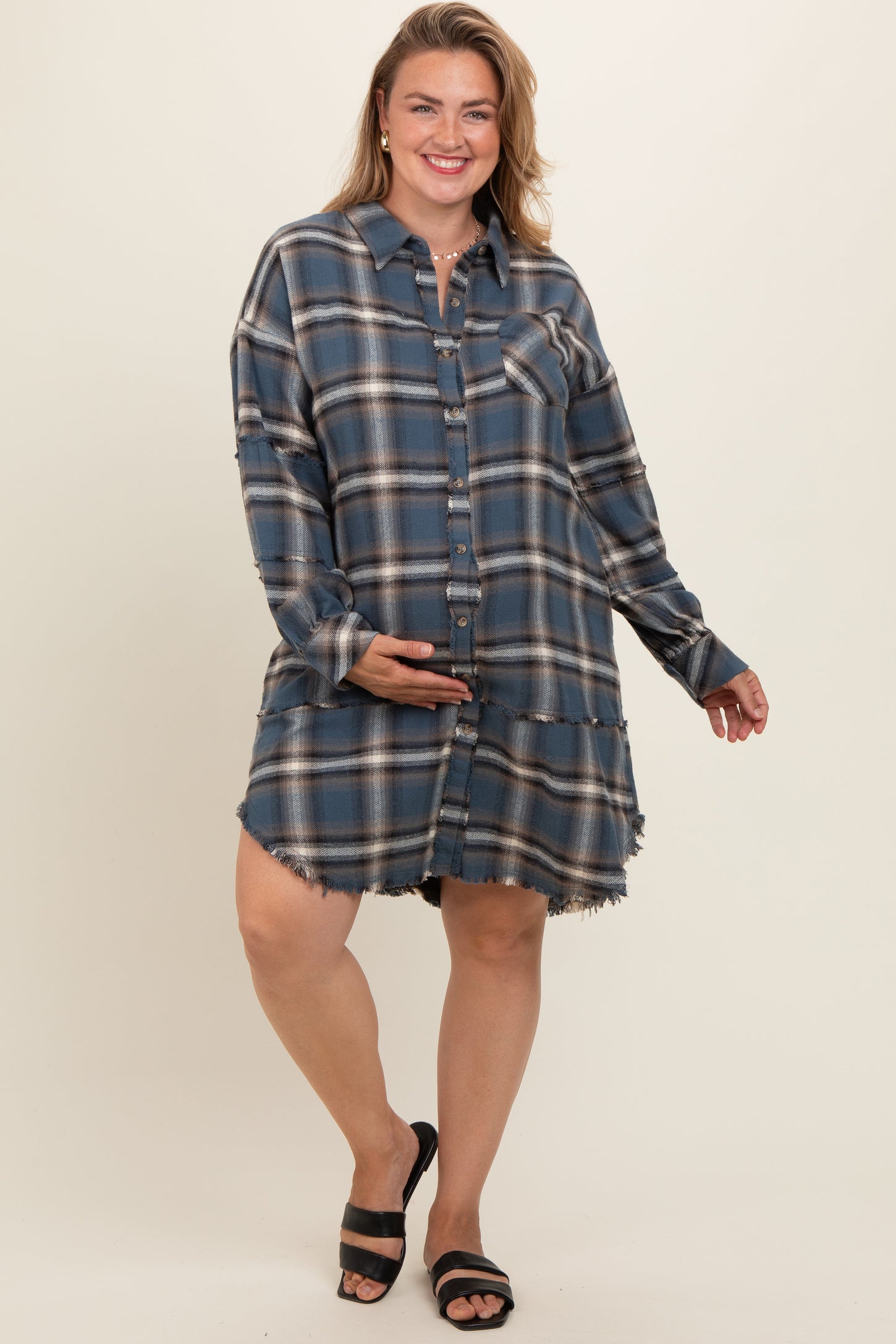 Blue Plaid Button Down Raw Hem Plus Maternity Dress