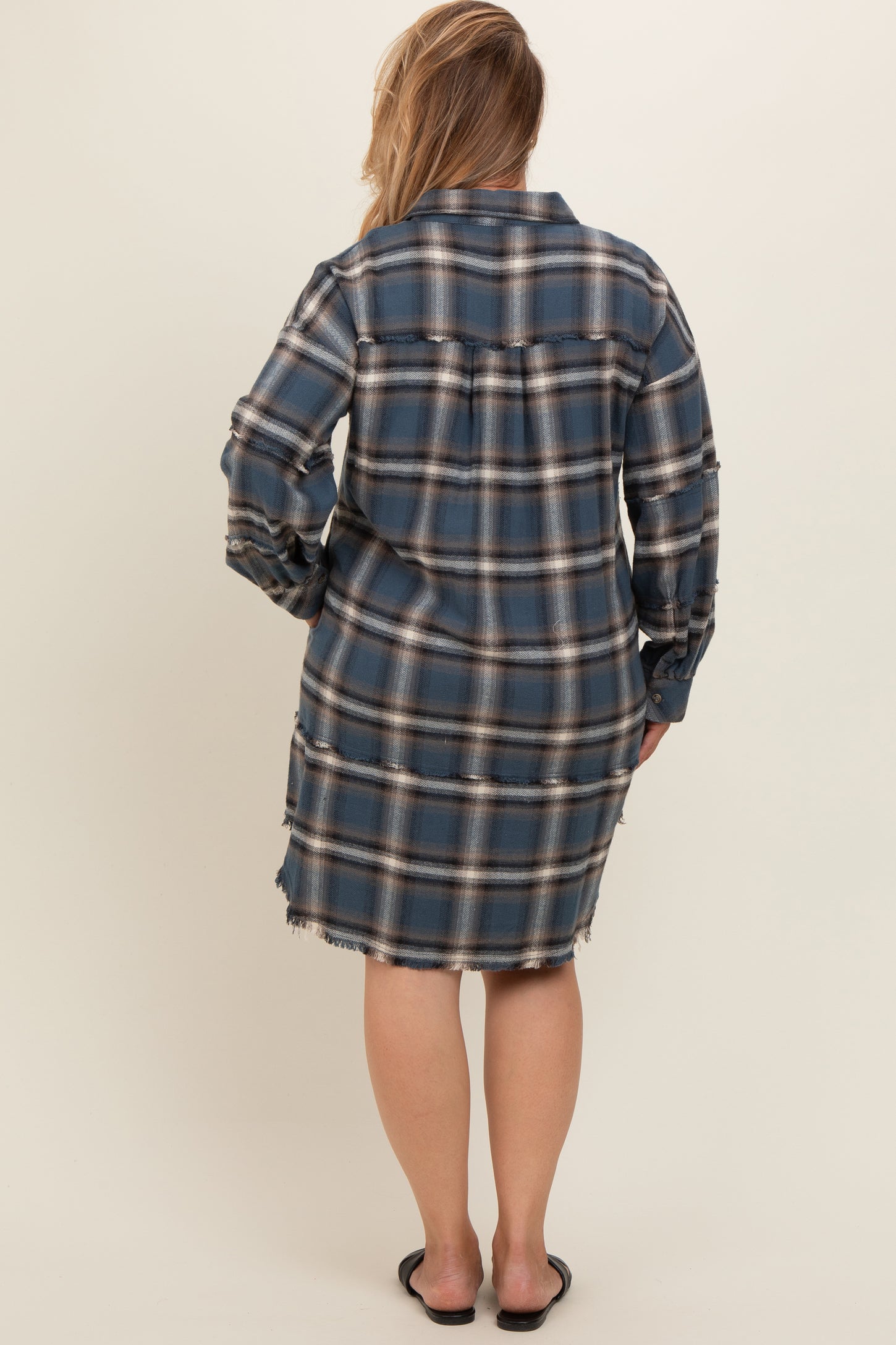 Blue Plaid Button Down Raw Hem Plus Maternity Dress – PinkBlush