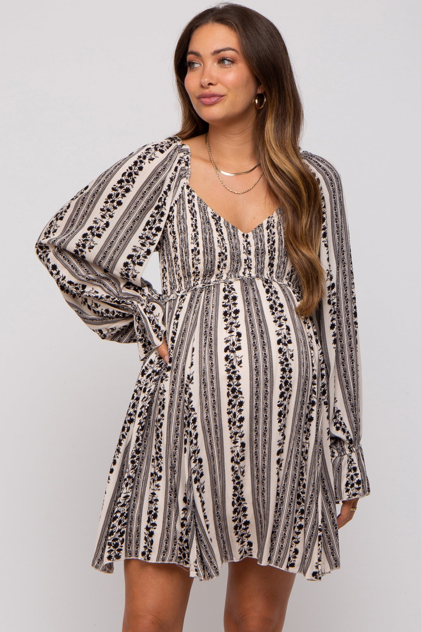 Black Floral Stripe Smocked Long Sleeve Maternity Dress – PinkBlush