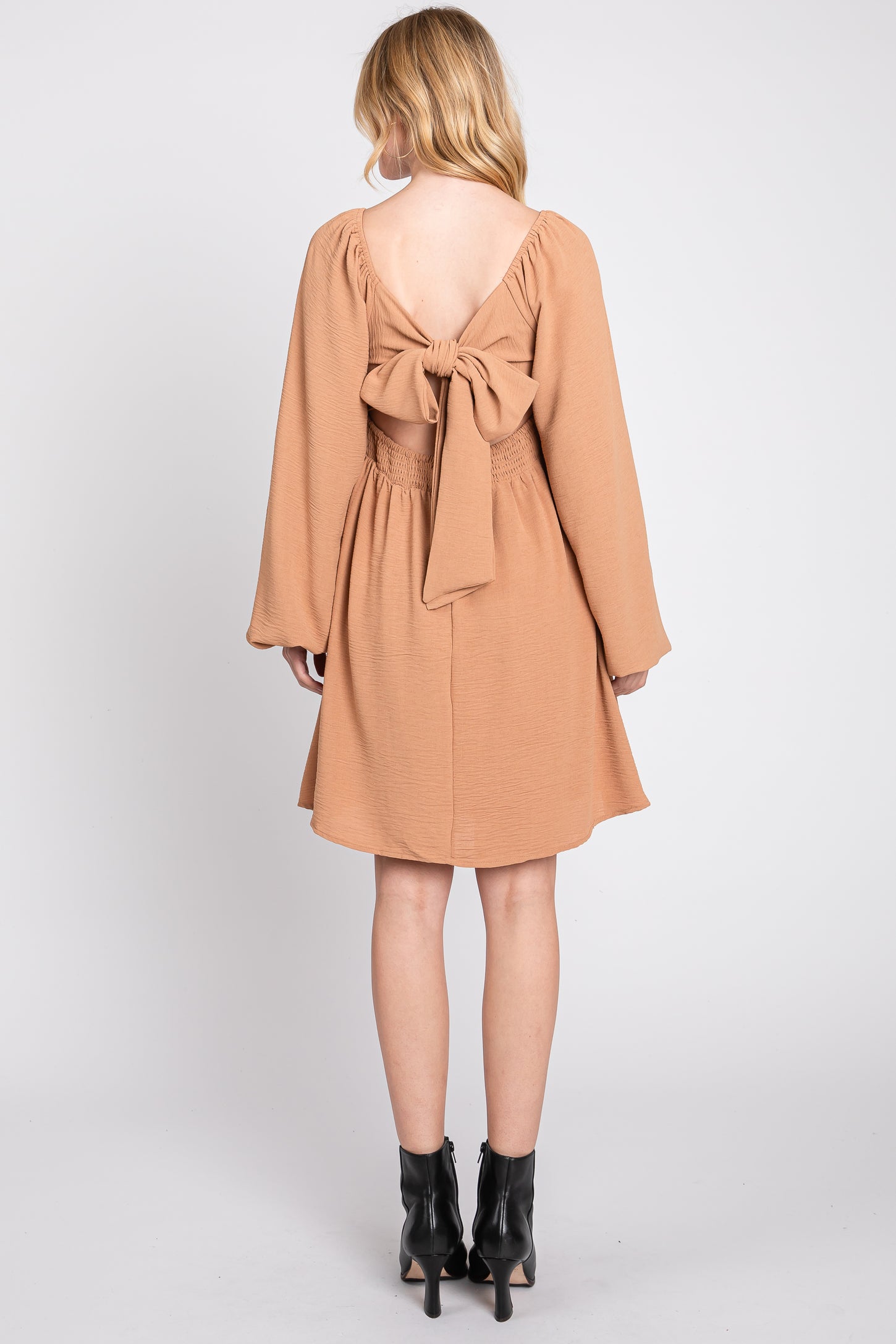 Camel Tie Back Smocked Long Sleeve Dress