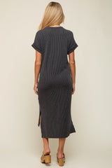 Charcoal Ribbed Short Sleeve Maternity Midi Dress