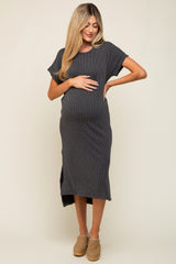 Charcoal Ribbed Short Sleeve Maternity Midi Dress