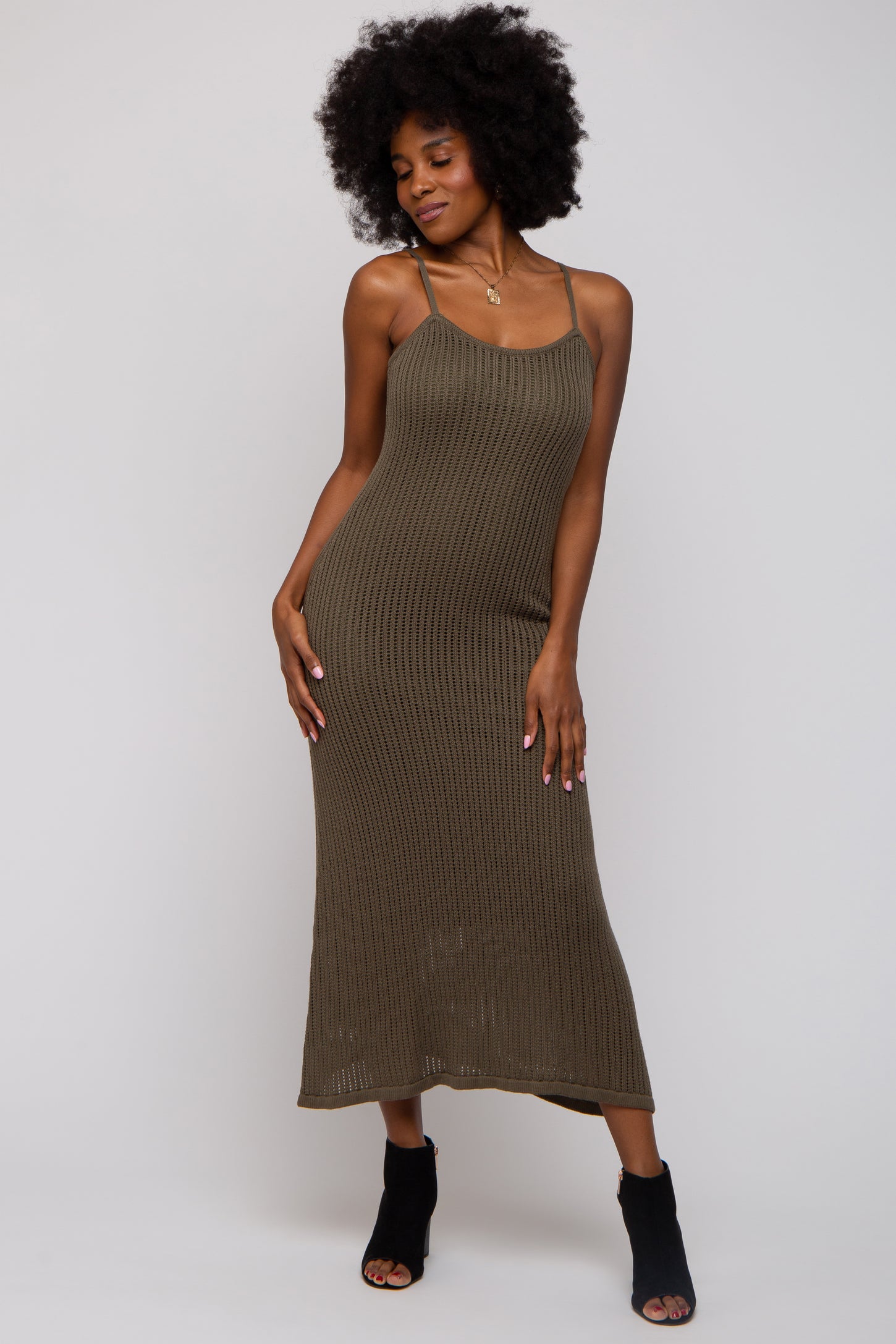 Olive Open Knit Crochet Midi Dress – PinkBlush