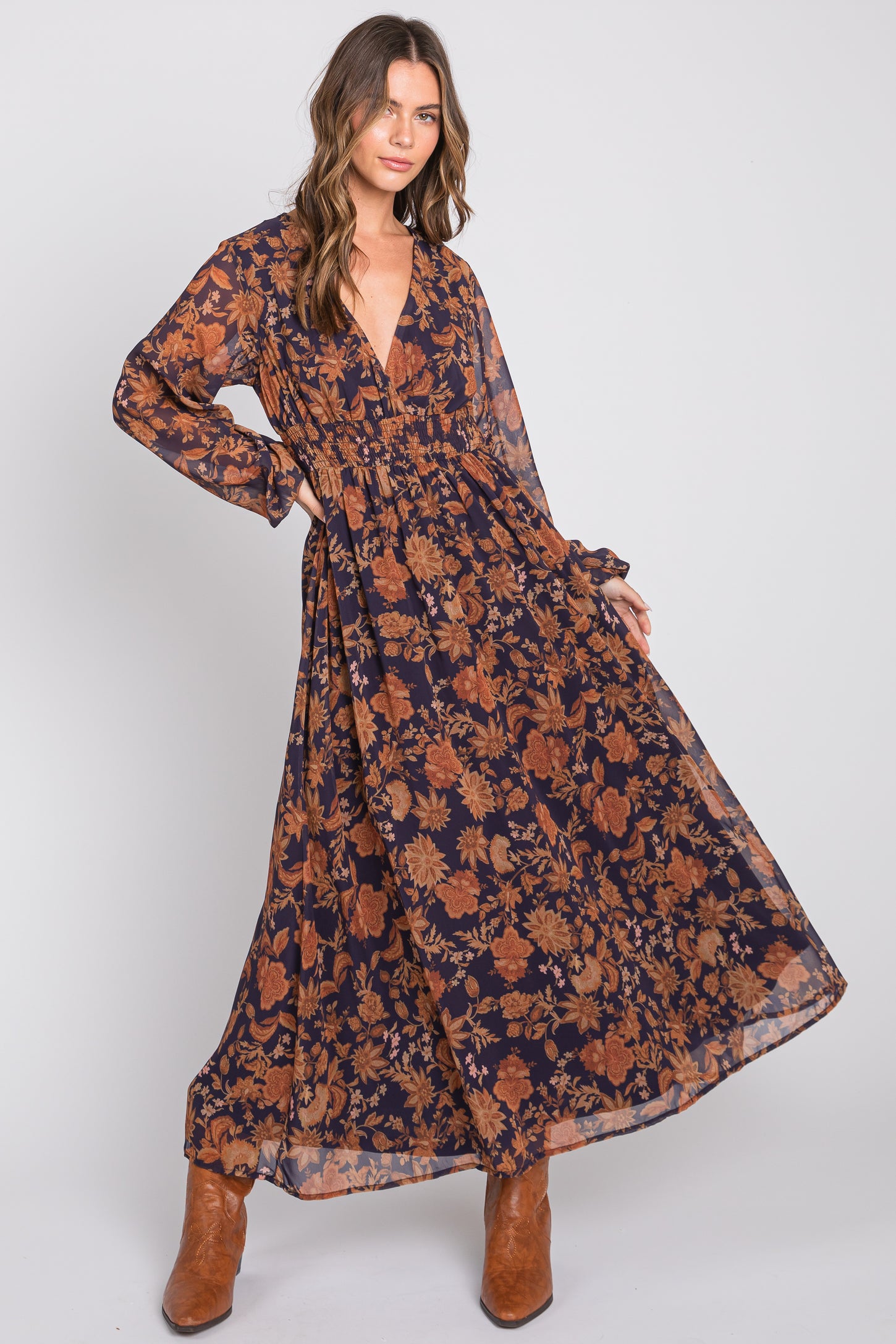 Navy Floral Long Sleeve V-Neck Maternity Maxi Dress Navy Floral Long Sleeve V-Neck Maternity Maxi Dress