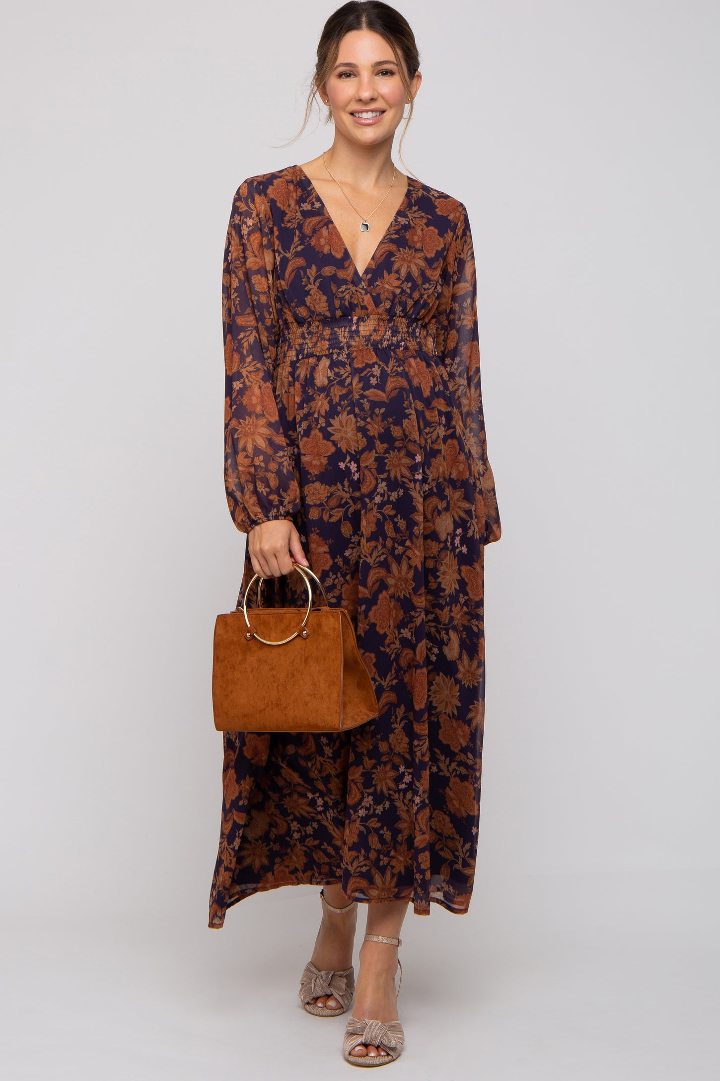 Navy Floral Long Sleeve V-Neck Maternity Maxi Dress Navy Floral Long Sleeve V-Neck Maternity Maxi Dress