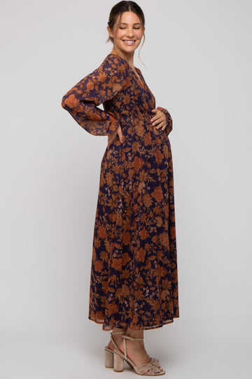 Navy Floral Long Sleeve V-Neck Maternity Maxi Dress