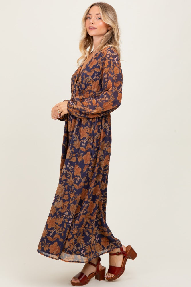 navy floral dress long sleeve Navy Floral Long Sleeve V-Neck Maternity Maxi Dress