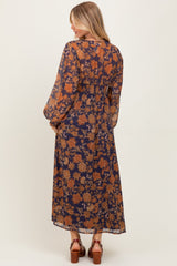 Navy Floral Long Sleeve V-Neck Maxi Dress
