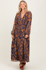 Navy Floral Long Sleeve V-Neck Maxi Dress
