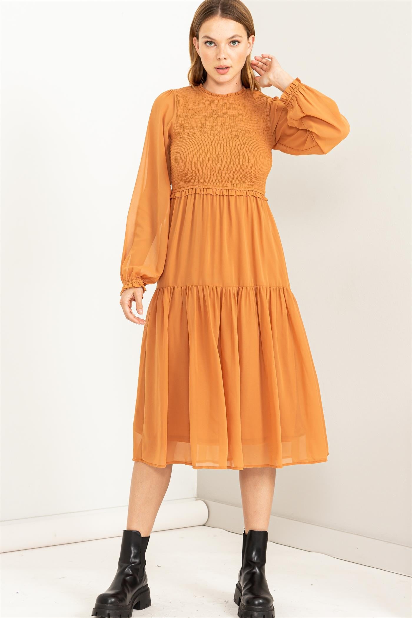 Orange Chiffon Tiered Midi Dress Small