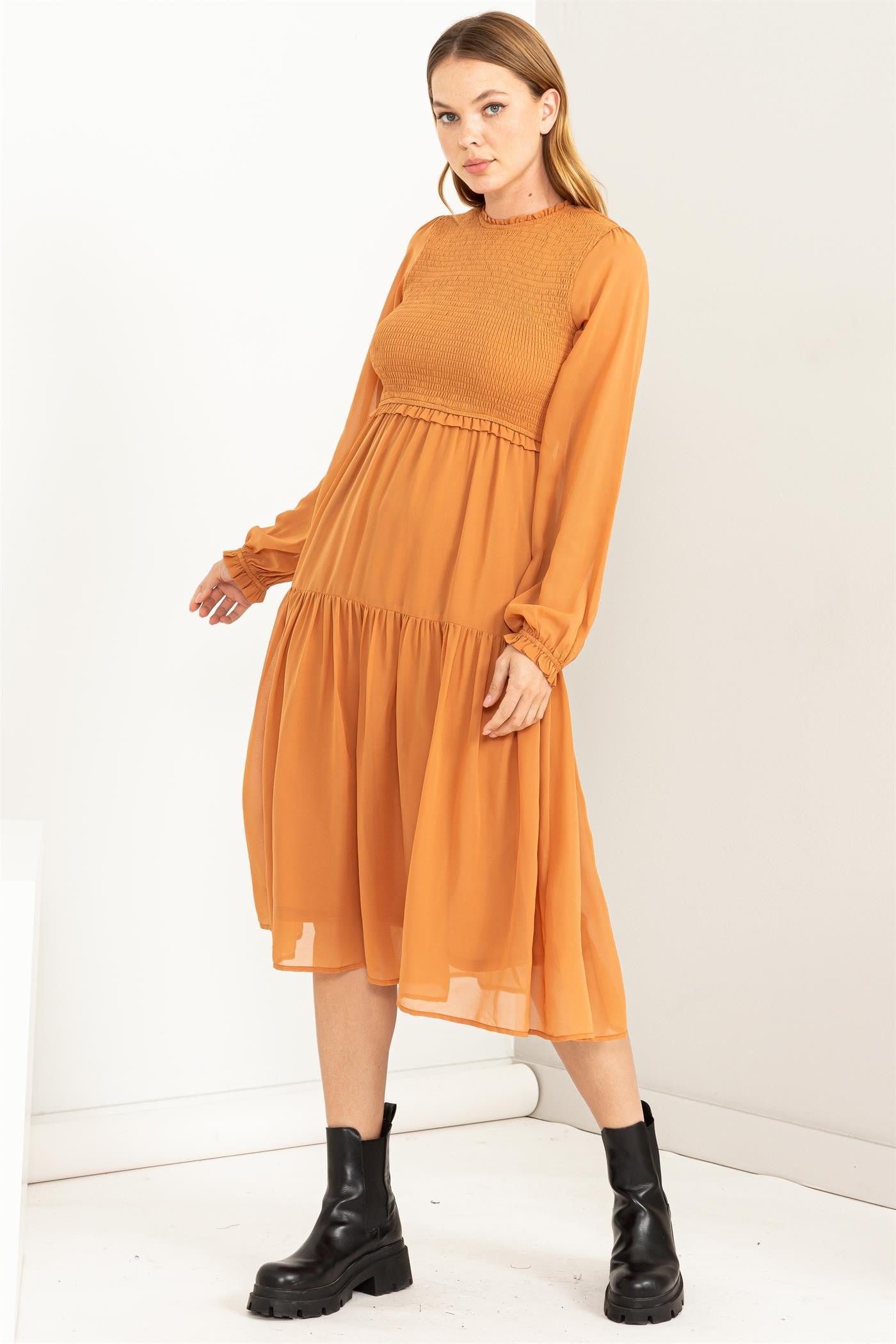 orange tiered midi dress Morning Meadow Ruched Tiered Midi Dress VICI