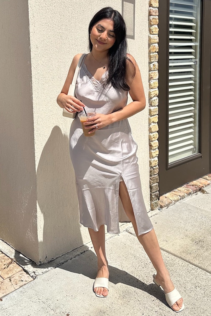 Champagne Lace Trim V Neck Satin Midi Slip Dress Medium Champagne Lace Trim V Neck Satin Midi Slip Dress Medium