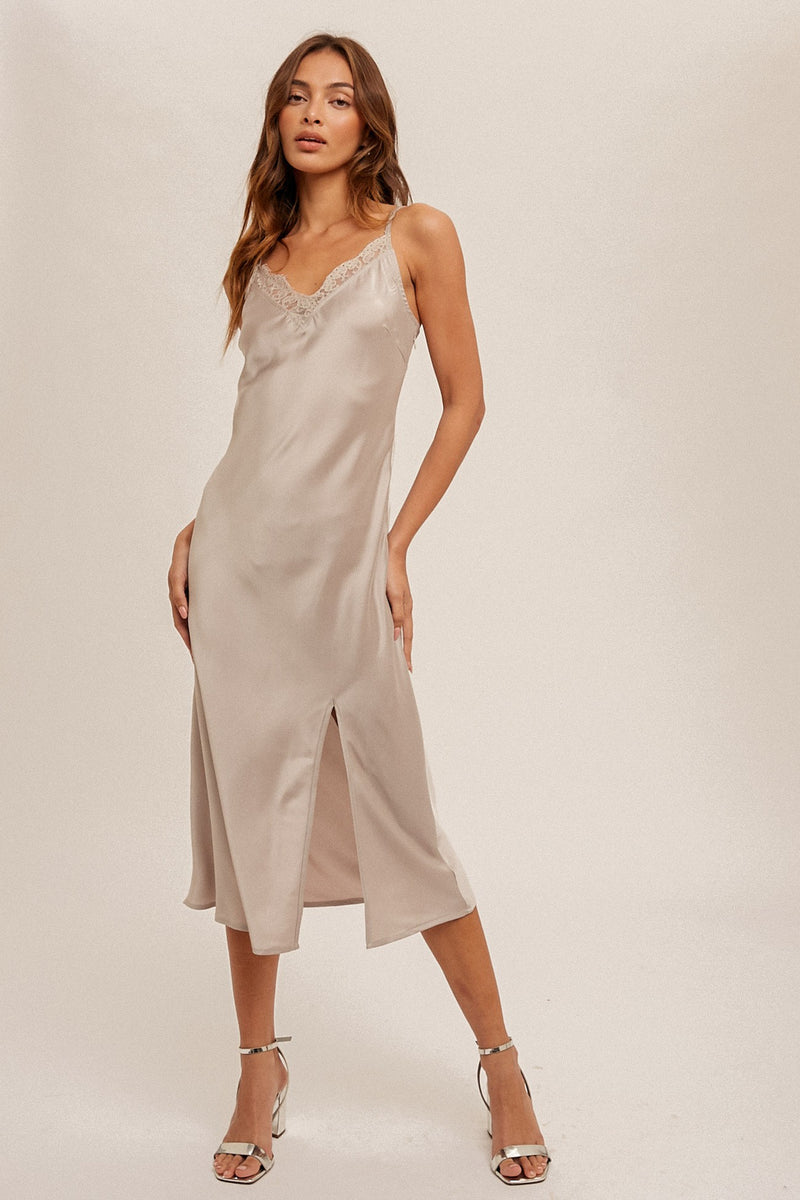 Champagne Lace Trim V Neck Satin Midi Slip Dress Medium