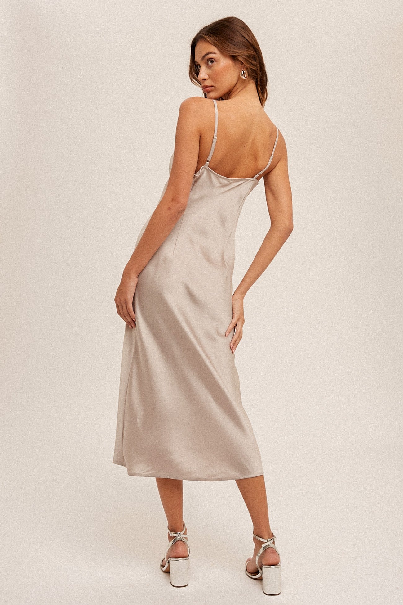 women's satin lace trim midi slip dress Champagne Glow Satin Lace Trim Midi Dress