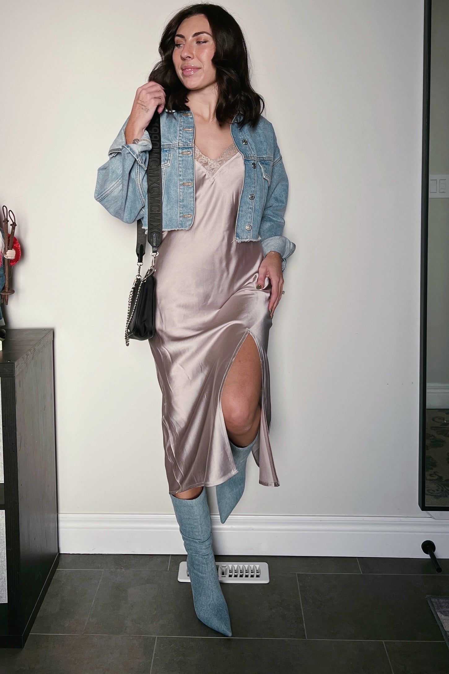 Champagne Lace Trim V Neck Satin Midi Slip Dress