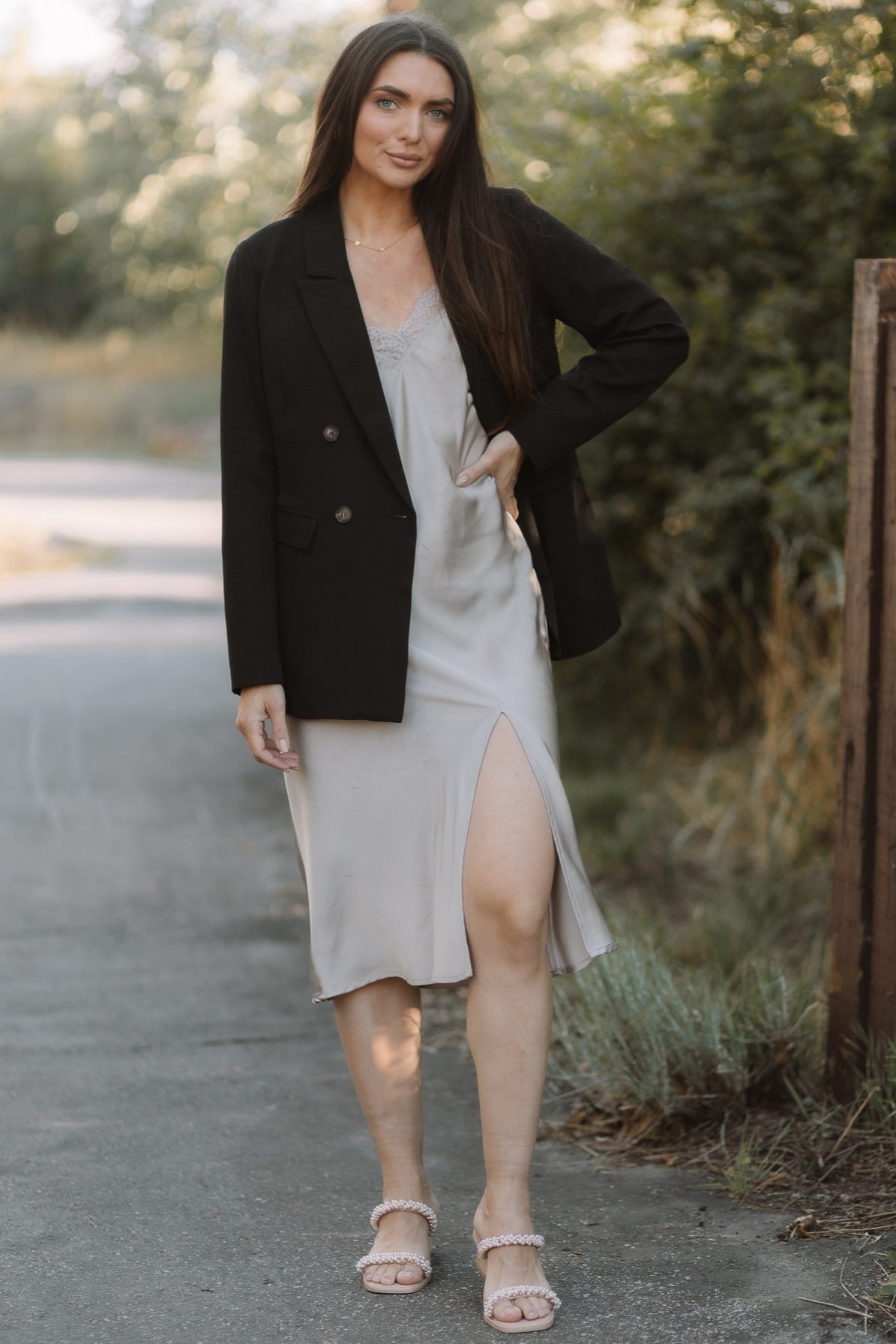 Champagne Lace Trim V Neck Satin Midi Slip Dress