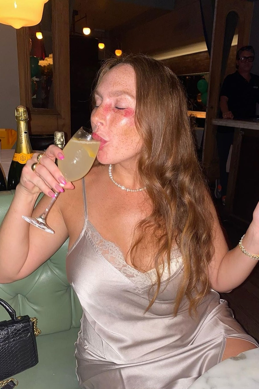 Champagne Lace Trim V Neck Satin Midi Slip Dress