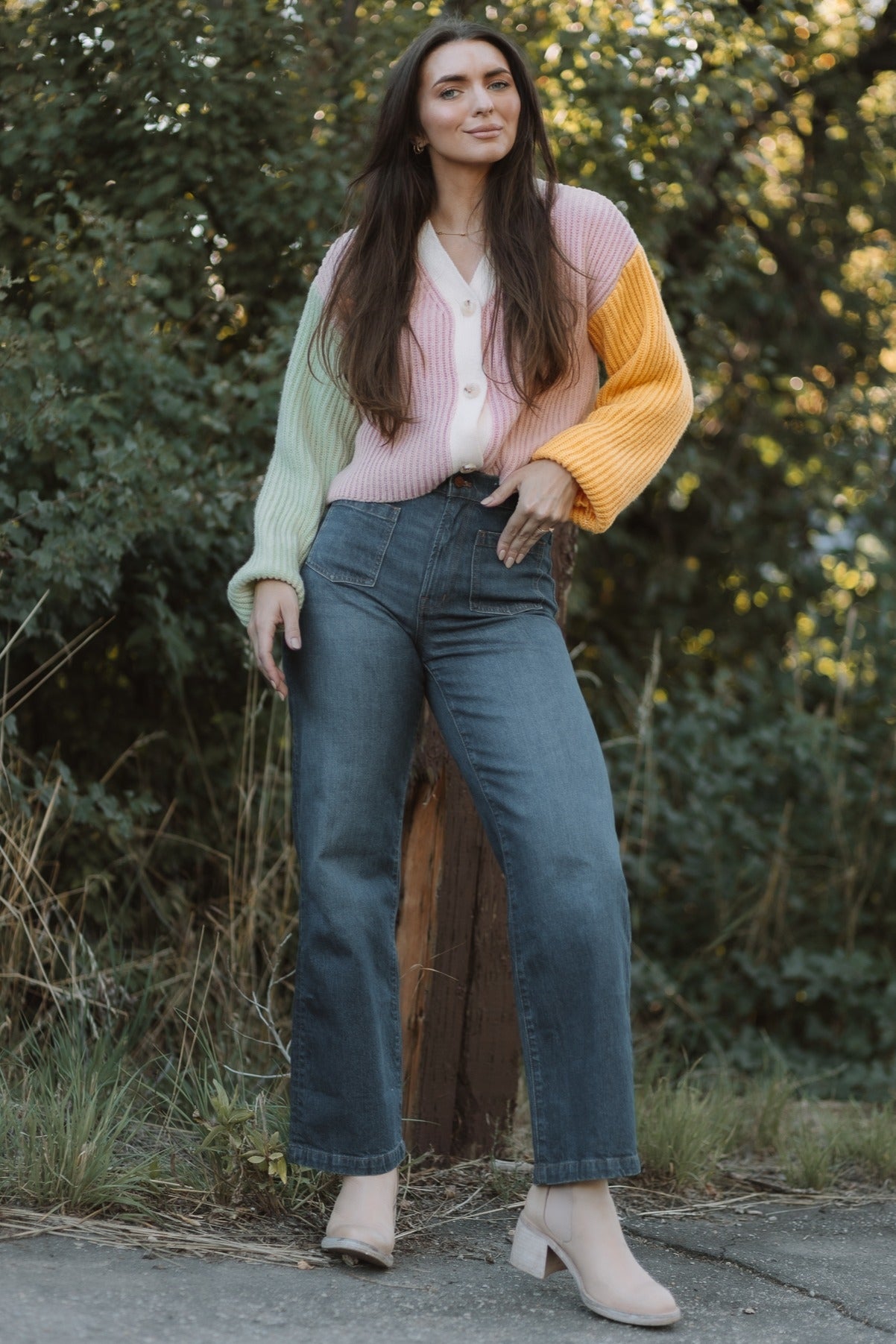 Pink Multi Color Block Knit Sweater Cardigan