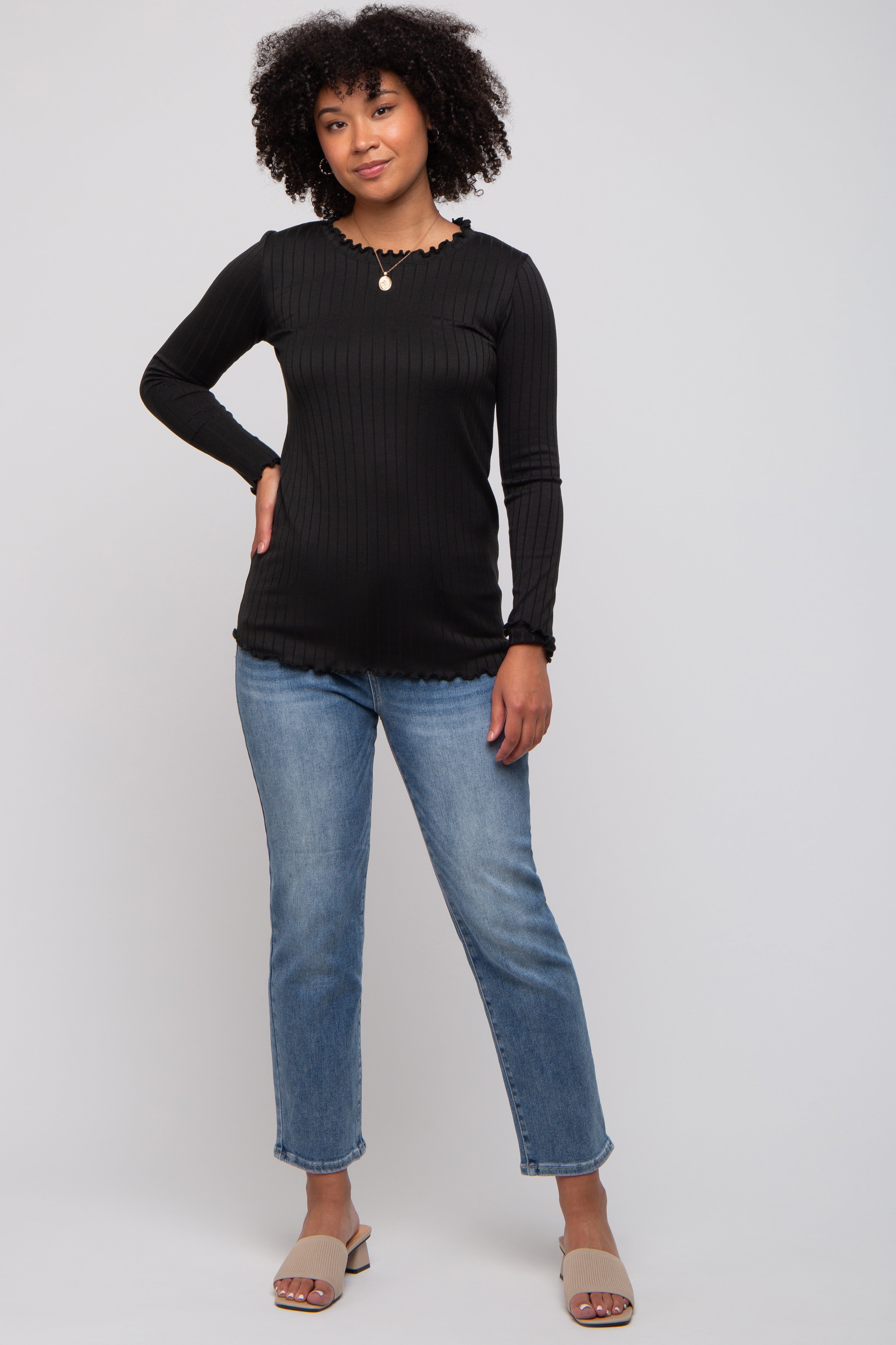 Black Rib Knit Lettuce Trim Long Sleeve Top – PinkBlush