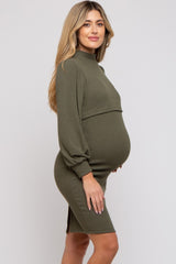 Olive Rib Knit Mock Neck Maternity Nursing Dress