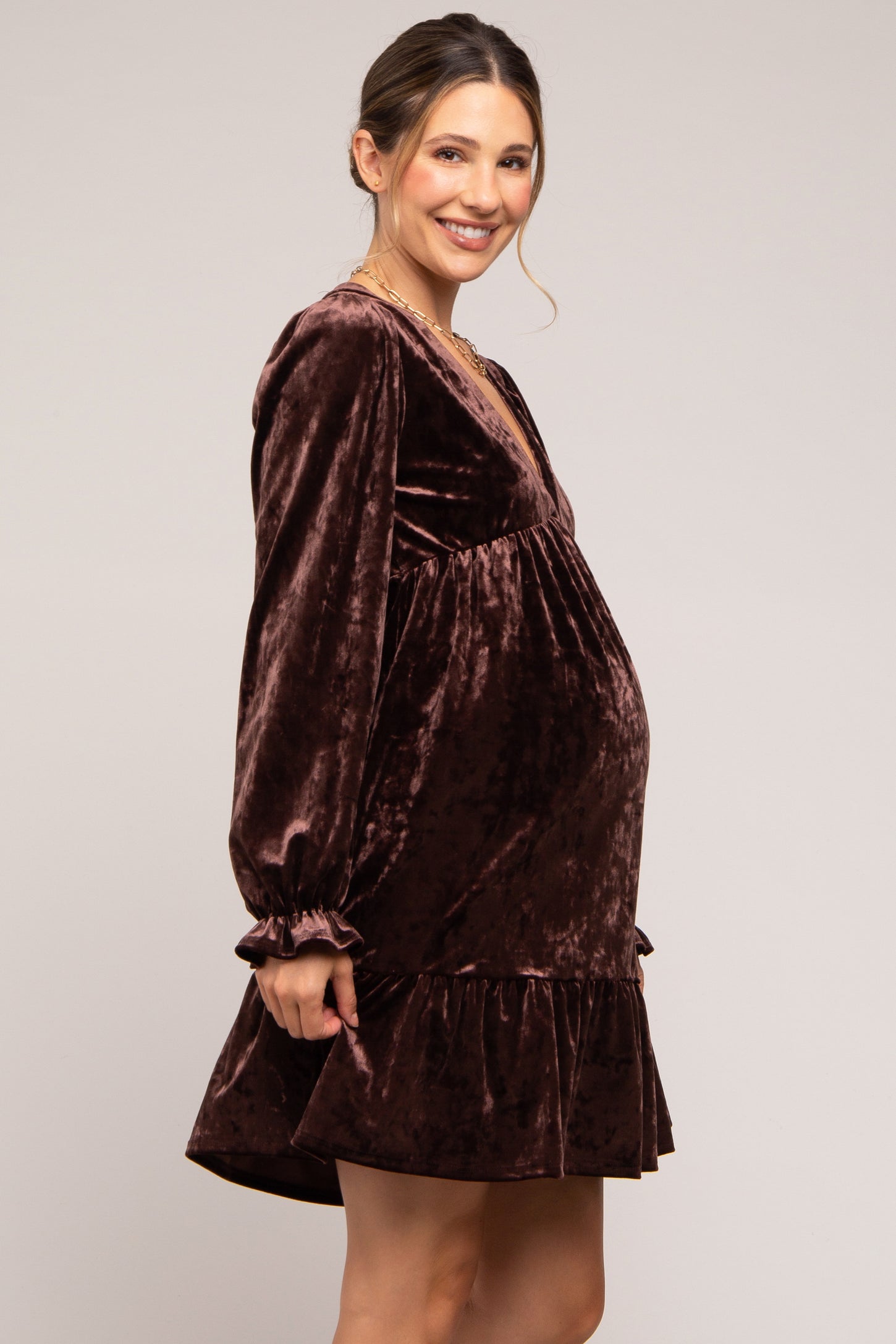 Brown Velvet Long Sleeve Maternity Dress Brown Velvet Long Sleeve Maternity Dress