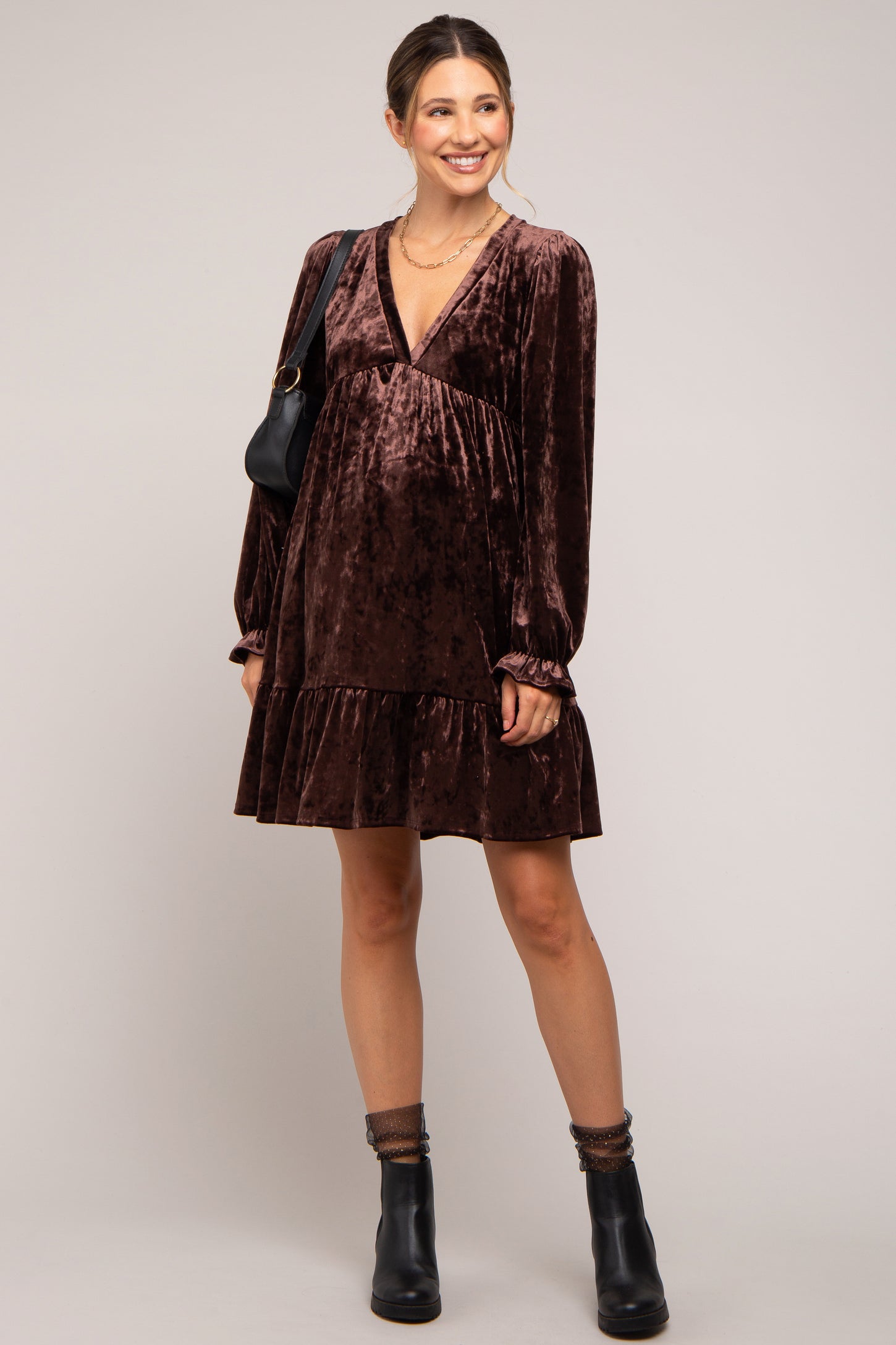 Brown Velvet Long Sleeve Maternity Dress PinkBlush Brown Velvet Long Sleeve Maternity Dress PinkBlush