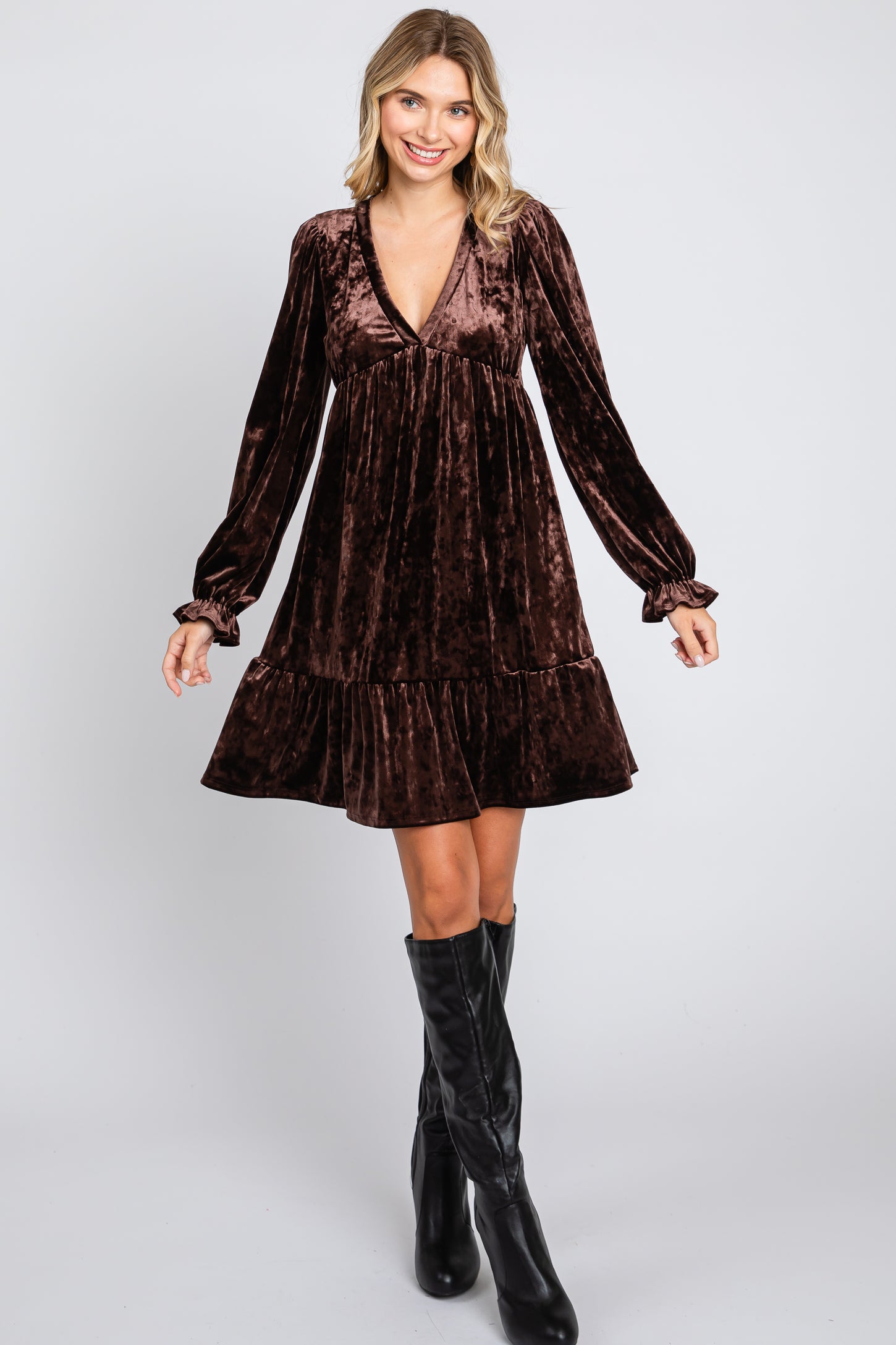 Brown Velvet Long Sleeve Maternity Dress PinkBlush Brown Velvet Long Sleeve Maternity Dress PinkBlush
