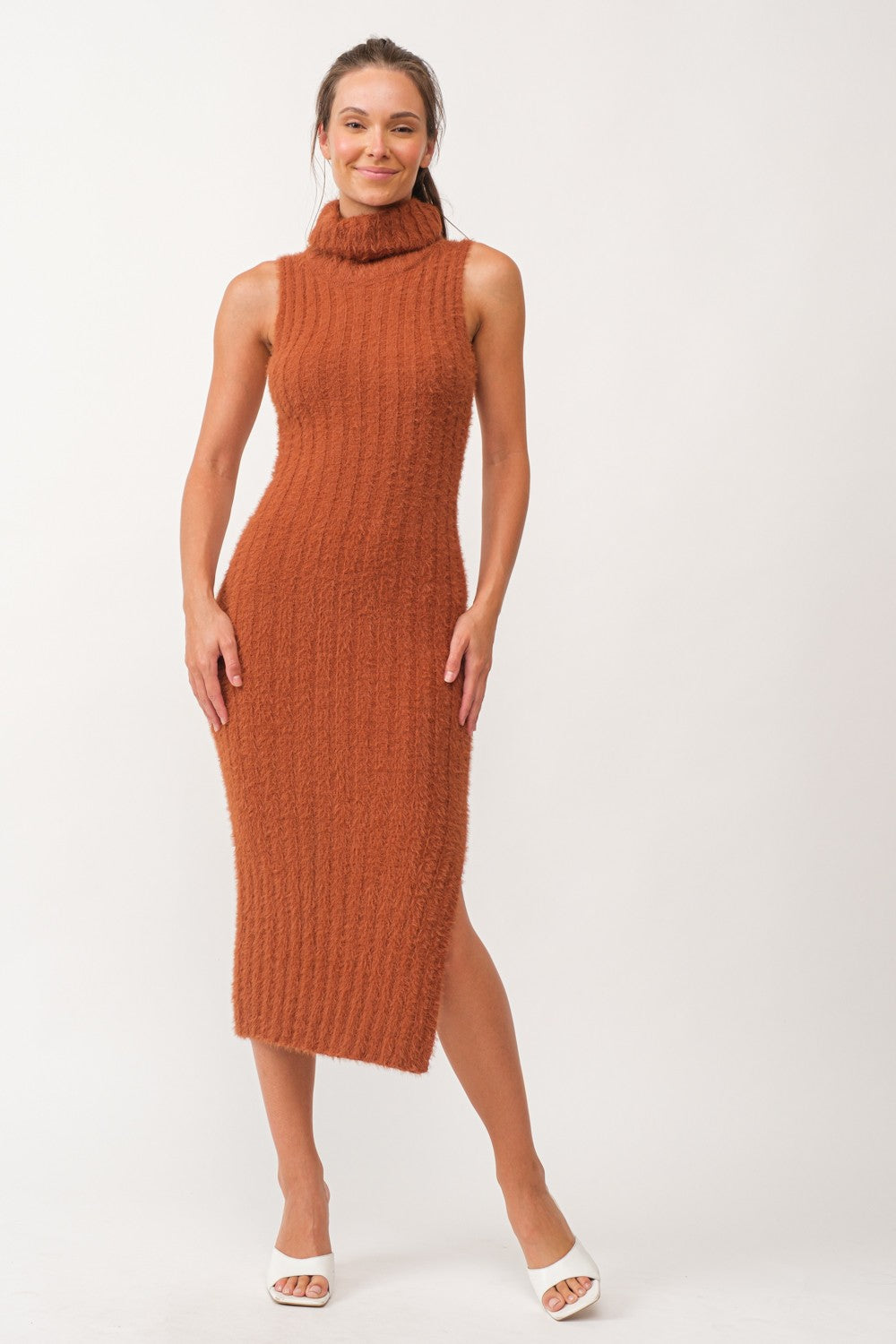 Camel Fuzzy Knit Sleeveless Turtle Neck Midi Dress – PinkBlush